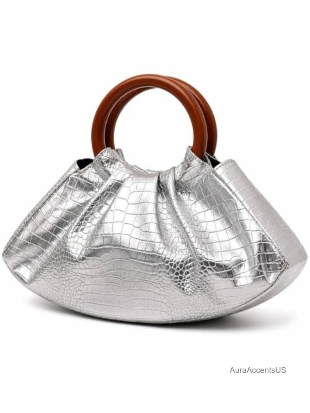 Ruched Puffy PU Leather Mini Tote with Double Wooden Handle